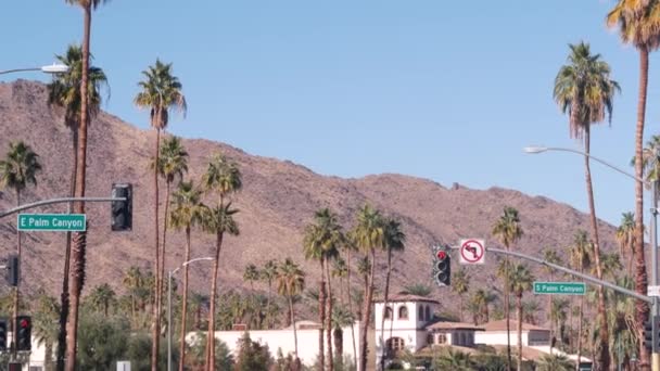 Palmy w mieście w pobliżu Los Angeles, znak drogowy, światła semafora. — Wideo stockowe