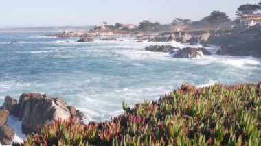 Kayalık okyanus sahilleri, kıyıya vuran deniz dalgaları, Monterey California kıyıları.