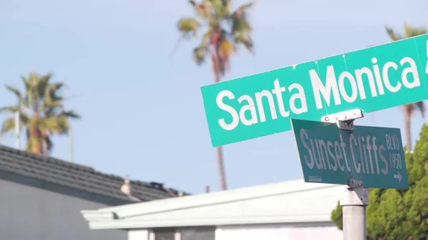 Santa Monica street road sign, California city, USA. Tourist resort, palm trees — Stock Photo, Image