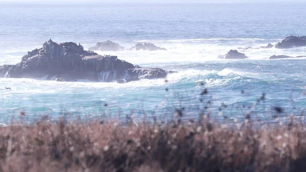 崖、海のビーチ、ポイント・ロボス、カリフォルニア海岸の岩の割れ目。波がクラッシュ. — ストック写真