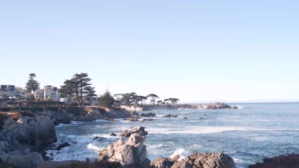 Skalista skalista plaża morska, fale morskie rozbijają się na brzegu, wybrzeże Monterey California — Wideo stockowe