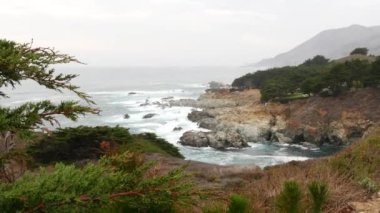 Kayalık okyanus, sisli hava. Dalgalar sahile çarpıyor. Kaliforniya, Big Sur.