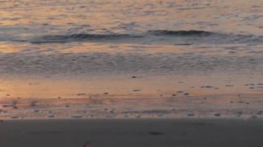 Kaliforniya 'da güneş ışığı, günbatımında deniz dalgaları. Suyun üzerinde güneş ışığı yansıması