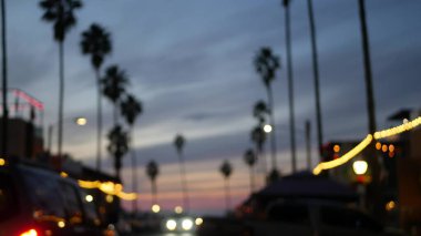 Ocean Beach 'te palmiye ağaçları, Kaliforniya' da alacakaranlık ışıkları, San Diego, ABD.