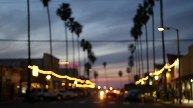 Ocean Beach 'te palmiye ağaçları, Kaliforniya' da alacakaranlık ışıkları, San Diego, ABD.