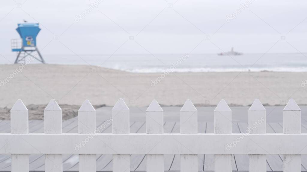 Lifeguard stand or life guard tower hut, surfing safety on California beach, USA