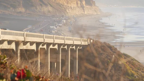 Bridge on pacific coast highway, Torrey Pines beach sunset, California road trip