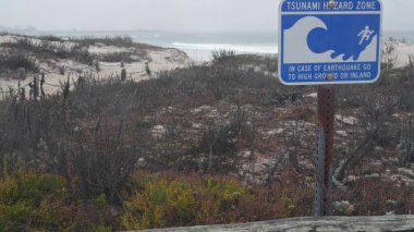 Okyanus kumlu kum tepeleri, Kaliforniya 'nın sisli kıyıları. Sisli yağmurlu hava, soğuk deniz.