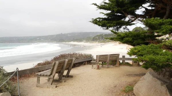 Panchina vuota in legno, poggiata su sentiero. Oceano spiaggia, costa della California, alberi — Foto Stock