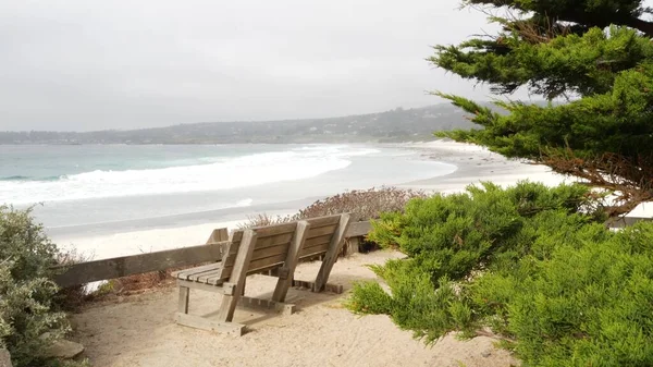Prázdná dřevěná lavička, odpočívat na pěšině. Oceán pláž, Kalifornie pobřeží, stromy — Stock fotografie