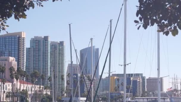美国加利福尼亚州圣地亚哥市市区天际线码头的游艇. — 图库视频影像