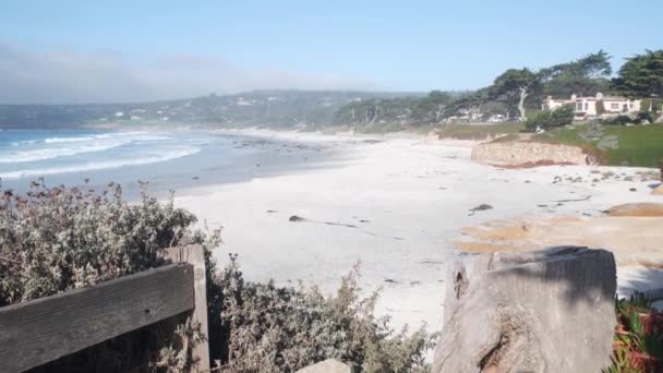 Oceaan zandstrand, Californische kust, zee watergolf crasht. Zonnig weer, mist — Stockvideo