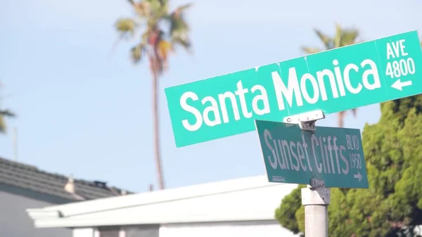 Santa Monica street road sign, California city, USA. Tourist resort, palm trees — Stock Photo, Image