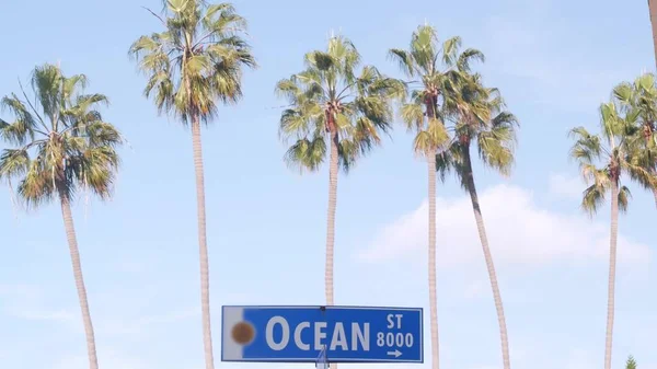 Дорожній знак Океану, Каліфорнія, США. Туристичний курорт, прибережні пальми. — стокове фото