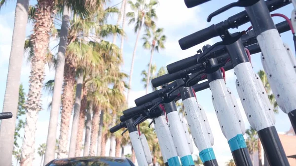 Sokak kaldırımına, palmiye ağaçlarına, Kaliforniya 'ya park edilmiş kiralık elektrikli scooter' lar.. — Stok fotoğraf