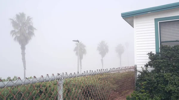 Παραλιακή σπίτι και φοίνικες στην ομίχλη, Ocean Beach, ομιχλώδης ακτή της Καλιφόρνια. — Φωτογραφία Αρχείου