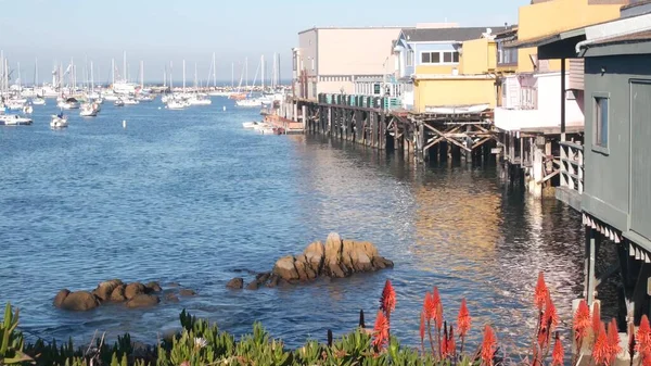 Casas de madeira em pilhas, porto de baía oceânica. Old Fishermans Wharf. Marina de Monterey — Fotografia de Stock