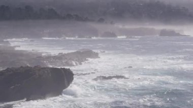 Rocky sarkık okyanus plajı, Point Lobos, sisli California sahili. Dalgalar çarpıyor.