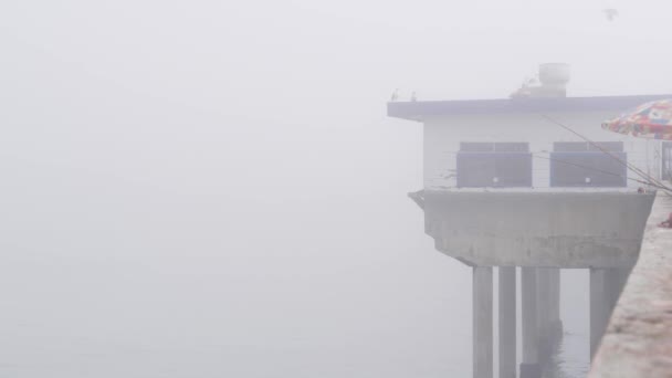 Trähus på högar i vatten, Ocean Beach brygga, dimmig Kaliforniens kust, USA. — Stockvideo