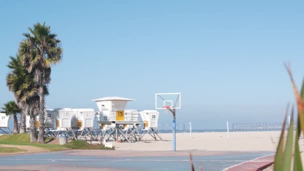 Palmy a basketbalové hřiště nebo hřiště na pláži, Kalifornské pobřeží, USA. — Stock video