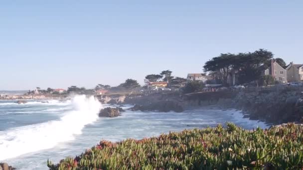 Felsiger zerklüfteter Ozeanstrand, Meereswellen krachen auf die Küste, Monterey, Kalifornien — Stockvideo