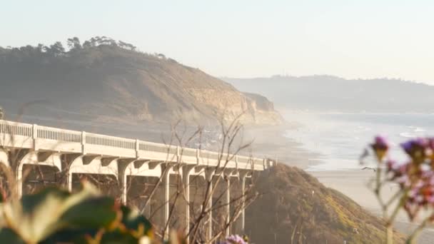 Brug op Pacific Coast Highway, Torrey Pines strand zonsondergang, Californië road trip — Stockvideo