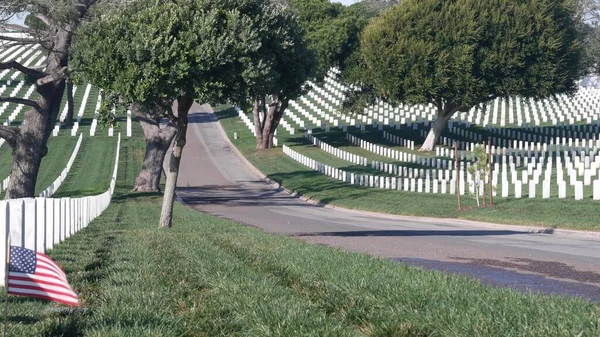Tombstone and american flag, national military membership cemetery in USA. — стокове фото