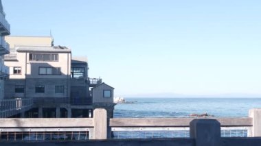Rıhtım kıyısı, Monterey California. Cannery Row 'daki sahile bakan akvaryum..