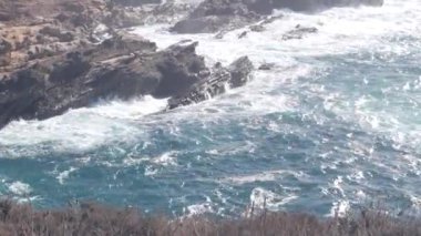 Kayalık uçurum, okyanus plajı, Point Lobos, California sahili. Dalgalar çarpıyor.