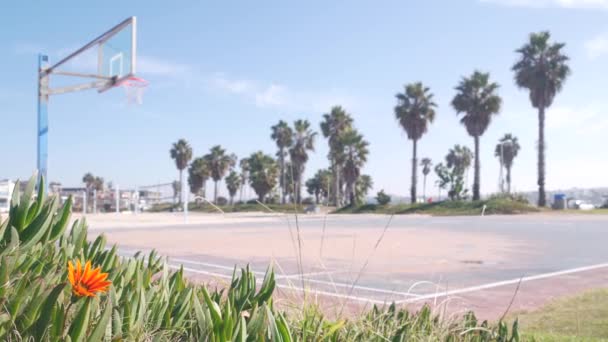 Баскетбольная площадка с обручем, сеткой и носилками для игры в баскетбол на пляже. — стоковое видео