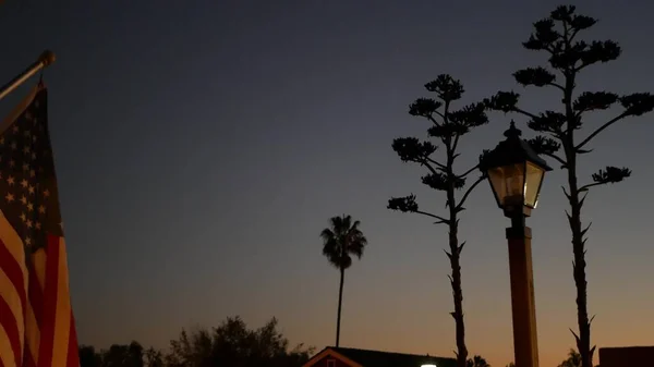 Agave cacto flor, lanterna oeste selvagem e bandeira americana, oeste da Califórnia EUA — Fotografia de Stock