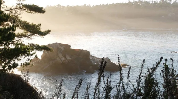 Rock crag de penhasco, praia oceânica, Point Lobos, costa da Califórnia. Ondas ao pôr do sol. — Fotografia de Stock