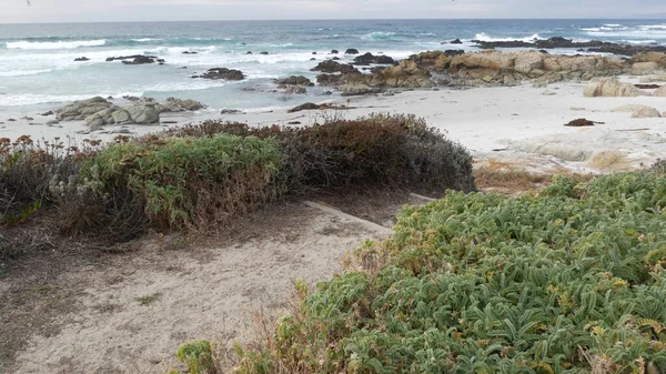 Costa oceânica rochosa e escarpada, Monterey California. Passarela de pedestres ou trilha de pé — Fotografia de Stock