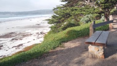 Boş ahşap bank, patikada dinlenme. Okyanus sahili, Kaliforniya kıyıları, ağaçlar.