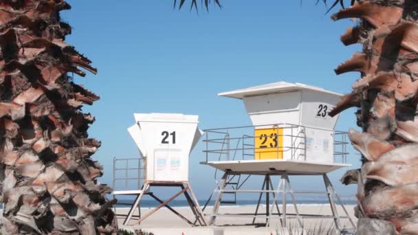 Suporte de salva-vidas e palmeira, torre de salva-vidas para surfar na praia da Califórnia. — Vídeo de Stock