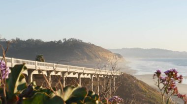 Pasifik kıyısı karayolu köprüsü, Torrey Pines plaj günbatımı, California yol gezisi