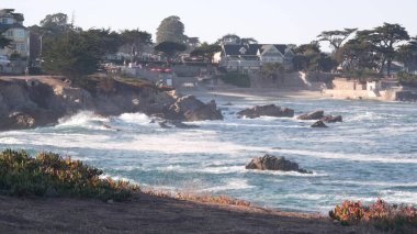 Kayalık okyanus sahilleri, dalgalar çarpıyor, Monterey, California sahil evleri.