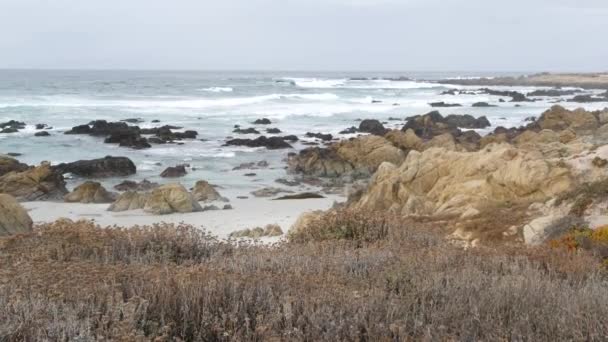 Скалистые скалистые берега океана, морские волны, разбивающиеся о скалы, Монтерей Калифорния — стоковое видео