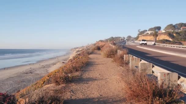 Autostrada wybrzeża Pacyfiku, plaża stanowa Torrey Pines, fale oceaniczne, przybrzeżna Kalifornia — Wideo stockowe