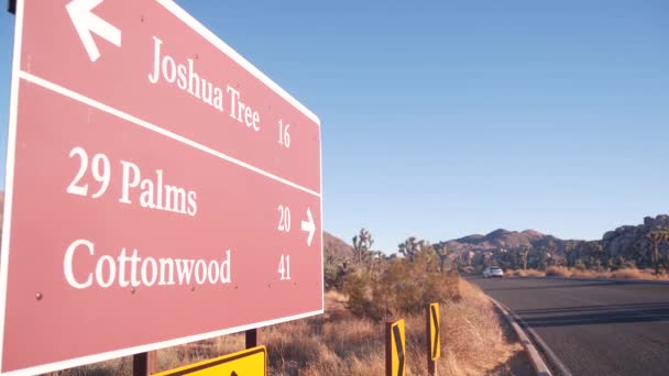Znak drogowy, skrzyżowanie dróg, Kalifornia, USA. Drzewo Joshua pustynia pustynia — Wideo stockowe