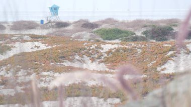 Sisli Coronado sahilinin kum tepeleri, sisli okyanus dalgaları, Kaliforniya kıyıları, ABD.