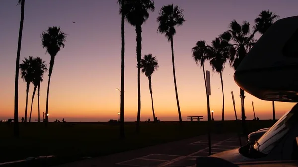 Przyczepa kempingowa, przyczepa kempingowa do podróży, palmy, kalifornijska plaża o zachodzie słońca — Zdjęcie stockowe