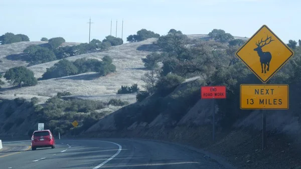 Cervi che attraversano cartello stradale giallo, California USA. Animali selvatici, sicurezza stradale — Foto Stock