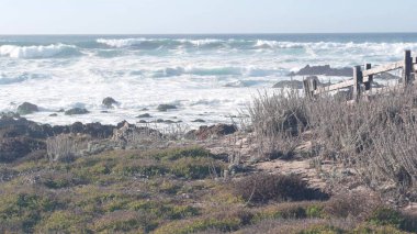 Büyük fırtınalı deniz dalgaları Kaliforniya okyanus kıyısındaki kayalık kayalıklara çarpıyor.