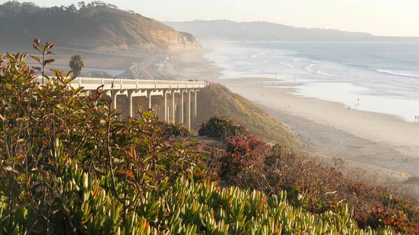 Bridge on pacific coast highway, Torrey Pines beach sunset, California road trip