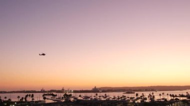 Palmiye ağacı siluetleri, günbatımında okyanus limanı, San Diego, California. Helikopter.