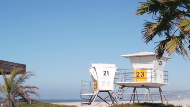 Support de sauveteur et palmier, tour de sauveteur pour surfer sur la plage de Californie. — Video