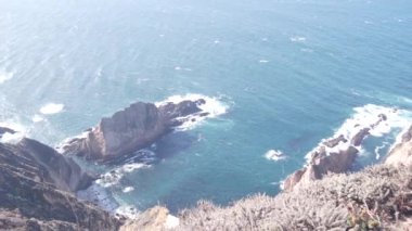 Kayalık okyanus. Deniz dalgaları sahile çarpıyor. Kaliforniya, Big Sur dik kıyıları