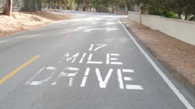 Sahne 17 mil sürüş, Monterey yarımadası, Big Sur, California, ABD. Selvi ağacı ormanına yolculuk. Pasifik kıyısı turizm rotası. Asfaltı imzala, yol işaretleri. Otostop, tatiller..