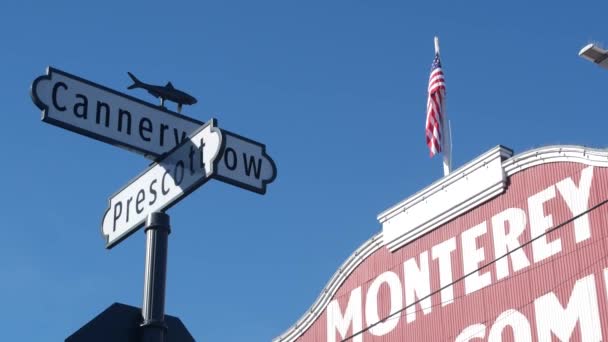 Red Building Cannery Row Road Sign Monterey City California Tourist — Vídeo de stock